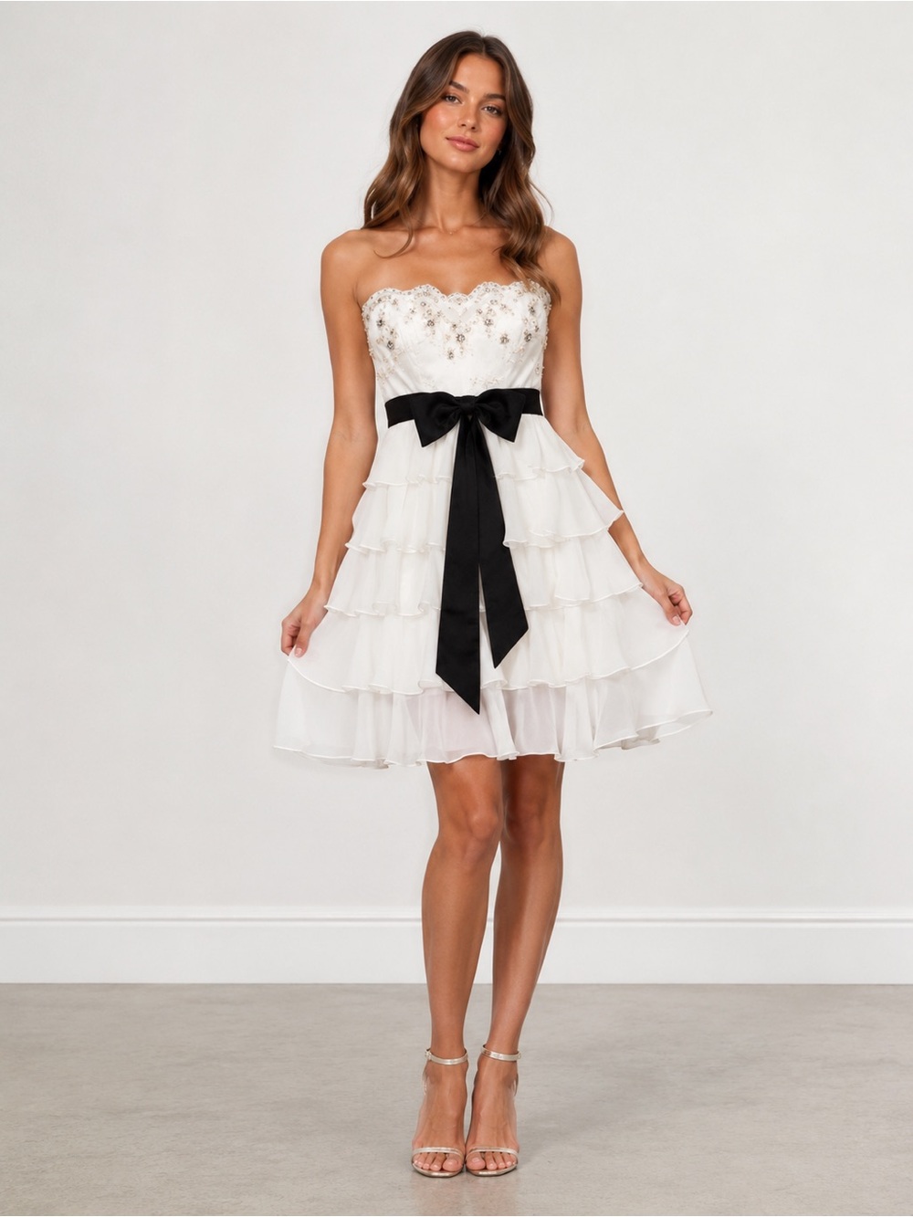 Paris Tony Bowls Beaded Strapless Formal Dress White Black Bow Size 2